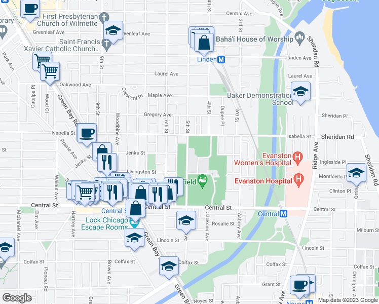 map of restaurants, bars, coffee shops, grocery stores, and more near 2705 Ashland Avenue in Evanston