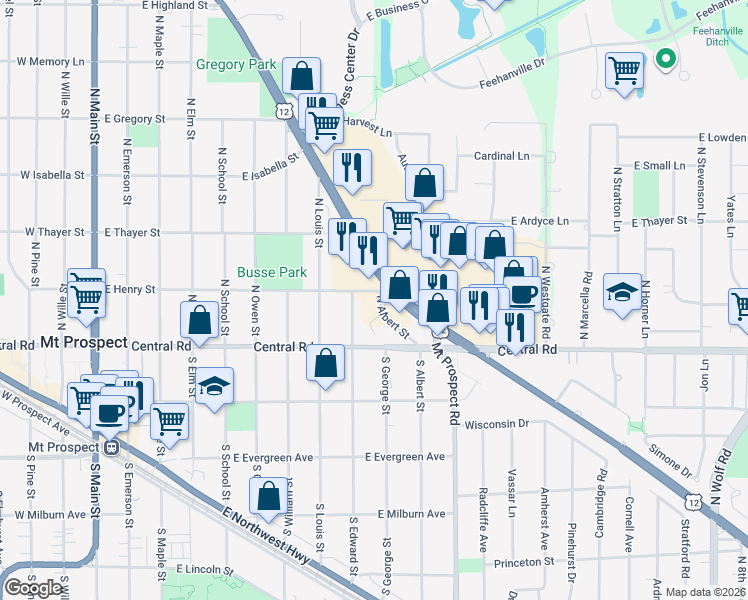 map of restaurants, bars, coffee shops, grocery stores, and more near 11 North Edward Street in Mount Prospect