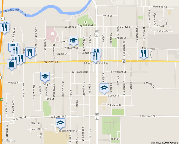 map of restaurants, bars, coffee shops, grocery stores, and more near South 2nd Street & West Pleasant Street in Maquoketa