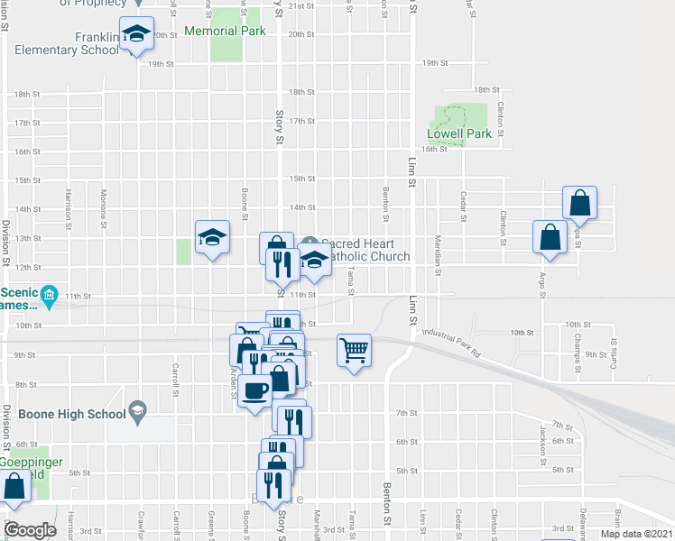 map of restaurants, bars, coffee shops, grocery stores, and more near 1022 12th Street in Boone