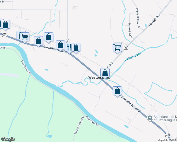 map of restaurants, bars, coffee shops, grocery stores, and more near 1523 Olean-Portville Road in Olean