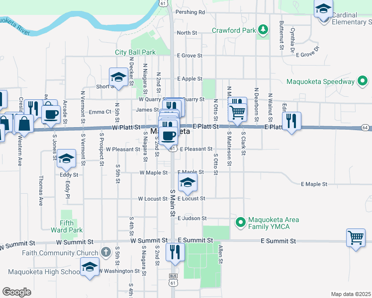 map of restaurants, bars, coffee shops, grocery stores, and more near 120 East Pleasant Street in Maquoketa