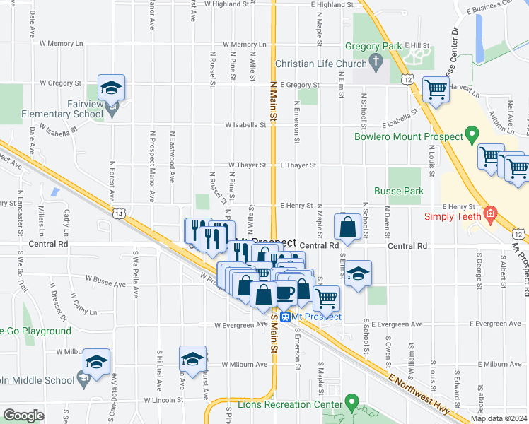 map of restaurants, bars, coffee shops, grocery stores, and more near 50 North Main Street in Mount Prospect