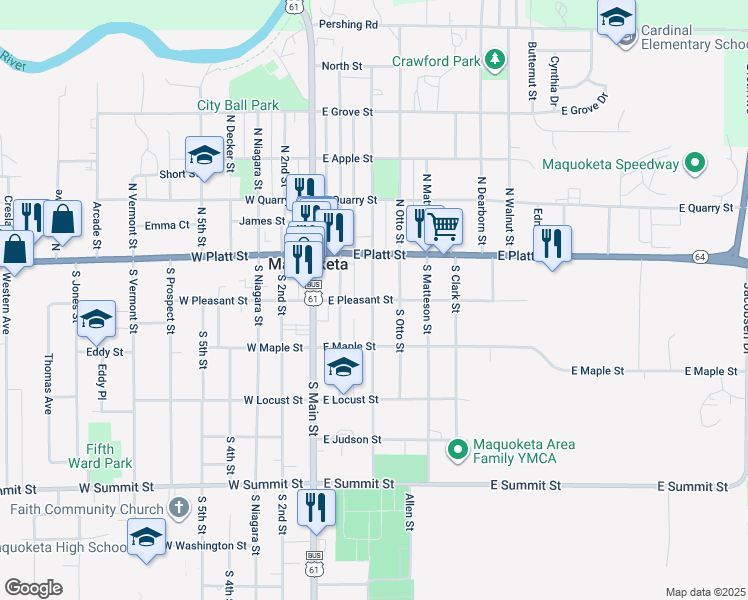 map of restaurants, bars, coffee shops, grocery stores, and more near 303 E Pleasant St in Maquoketa