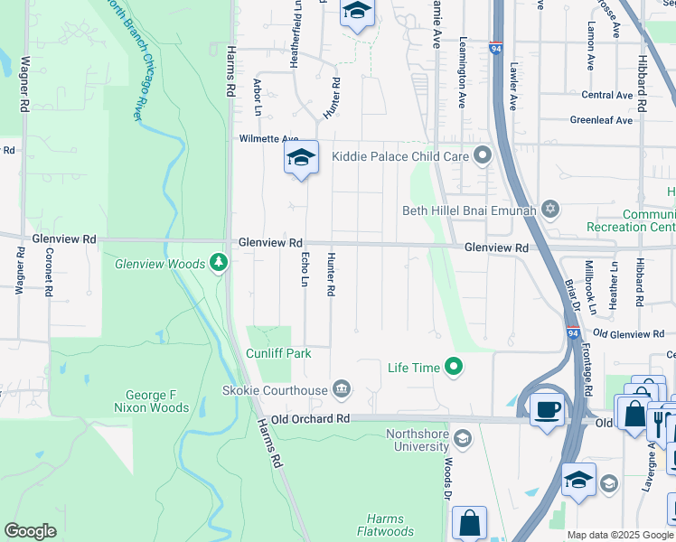 map of restaurants, bars, coffee shops, grocery stores, and more near 711 Hunter Road in Glenview