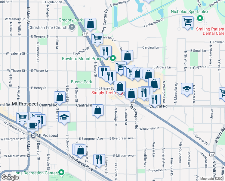 map of restaurants, bars, coffee shops, grocery stores, and more near 11 North Edward Street in Mount Prospect