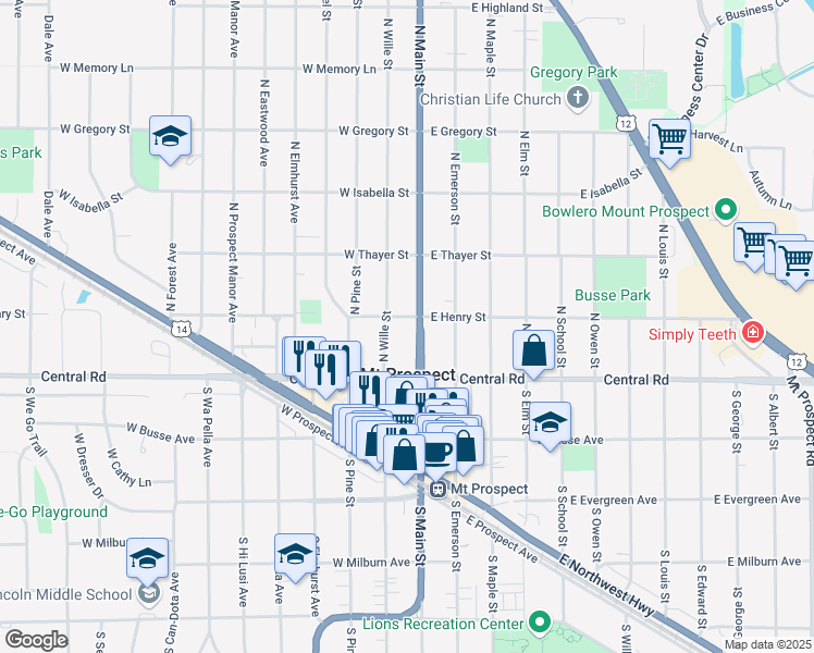 map of restaurants, bars, coffee shops, grocery stores, and more near 50 North Main Street in Mount Prospect