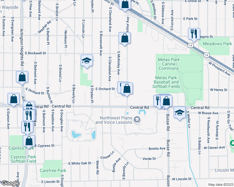 map of restaurants, bars, coffee shops, grocery stores, and more near 930 South McKinley Avenue in Arlington Heights