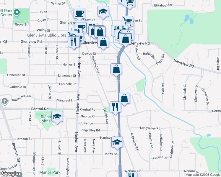 map of restaurants, bars, coffee shops, grocery stores, and more near 706 Waukegan Road in Glenview