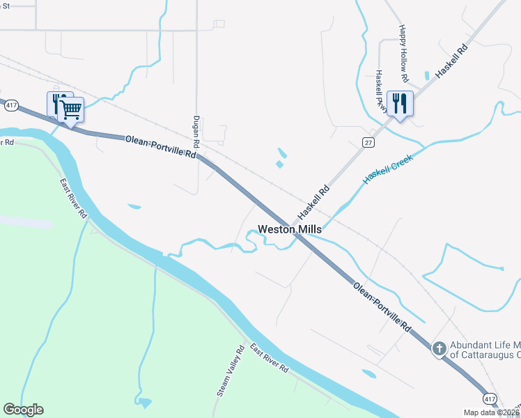 map of restaurants, bars, coffee shops, grocery stores, and more near 1523 Olean-Portville Road in Olean