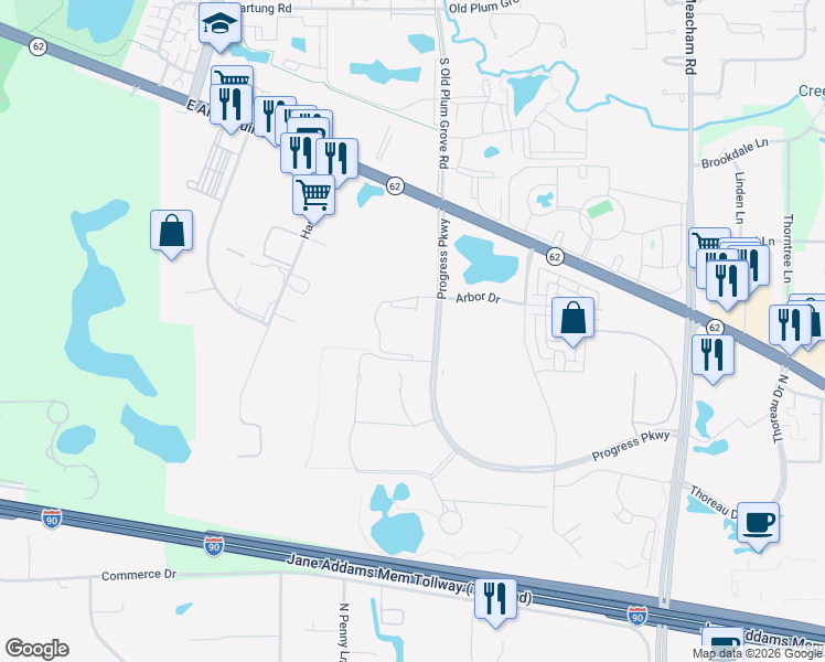 map of restaurants, bars, coffee shops, grocery stores, and more near 2200 Progress Parkway in Schaumburg