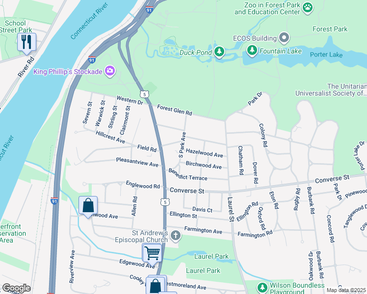 map of restaurants, bars, coffee shops, grocery stores, and more near 4 Hazelwood Avenue in Longmeadow