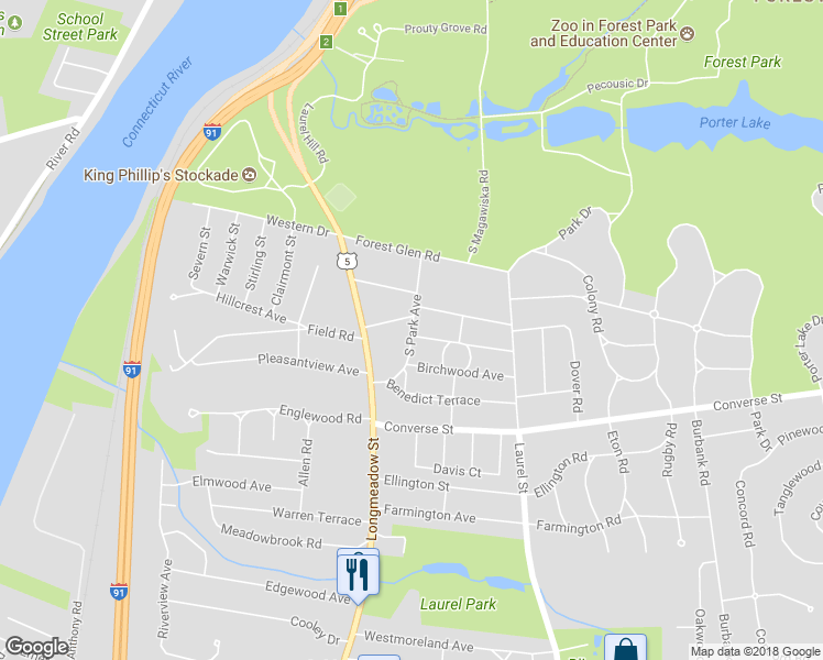 map of restaurants, bars, coffee shops, grocery stores, and more near 70 South Park Avenue in Longmeadow