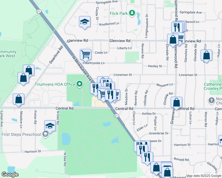 map of restaurants, bars, coffee shops, grocery stores, and more near 615 Pfingsten Road in Glenview