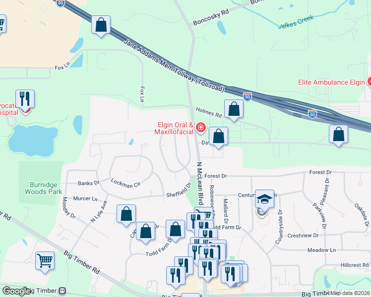 map of restaurants, bars, coffee shops, grocery stores, and more near 10 Devonshire Circle in Elgin
