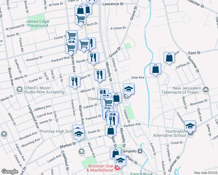 map of restaurants, bars, coffee shops, grocery stores, and more near 25 East Nilsson Street in Brockton