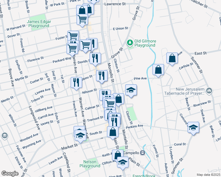 map of restaurants, bars, coffee shops, grocery stores, and more near 25 East Nilsson Street in Brockton