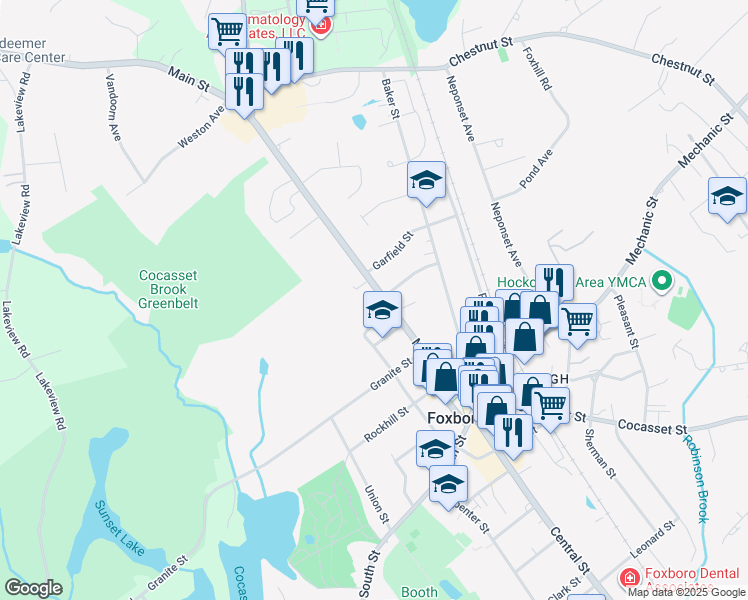 map of restaurants, bars, coffee shops, grocery stores, and more near 7 Pettee Place in Foxborough