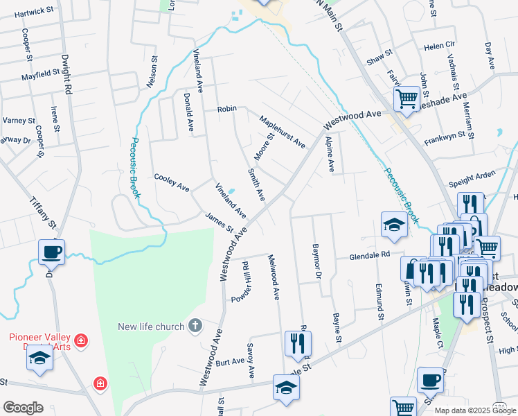 map of restaurants, bars, coffee shops, grocery stores, and more near 181 Westwood Avenue in East Longmeadow