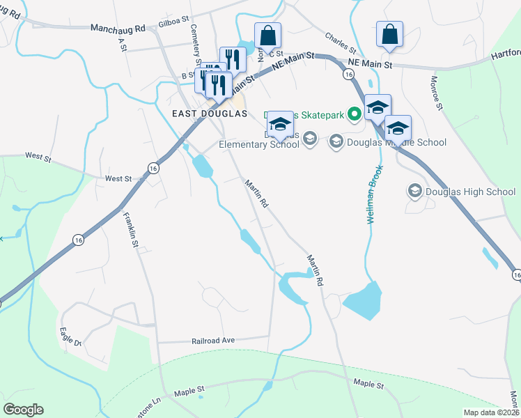 map of restaurants, bars, coffee shops, grocery stores, and more near 39 Depot Street in Douglas