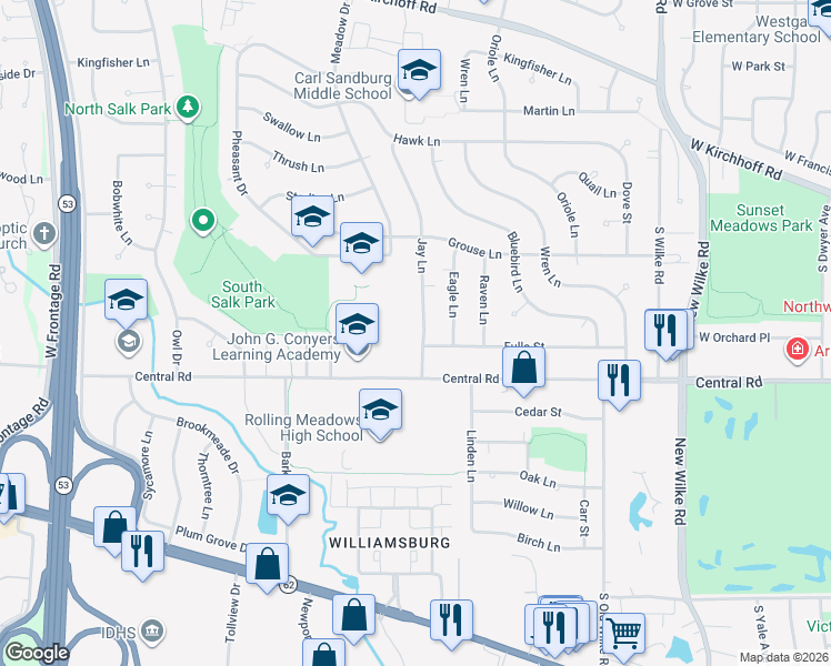 map of restaurants, bars, coffee shops, grocery stores, and more near in Rolling Meadows