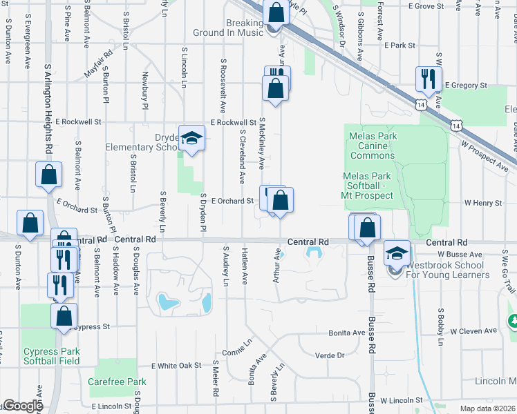 map of restaurants, bars, coffee shops, grocery stores, and more near 910 South McKinley Avenue in Arlington Heights