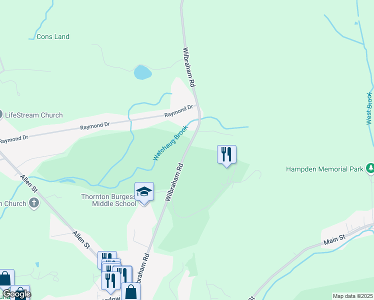 map of restaurants, bars, coffee shops, grocery stores, and more near 85 Wilbraham Road in Hampden