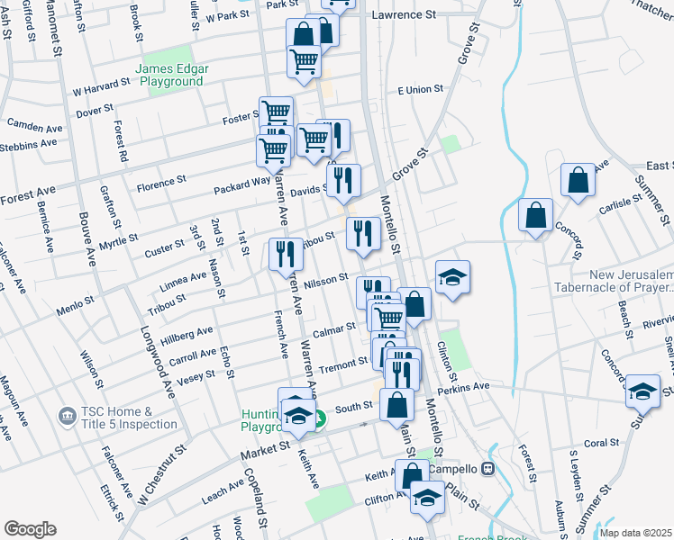 map of restaurants, bars, coffee shops, grocery stores, and more near 151 Laureston Street in Brockton