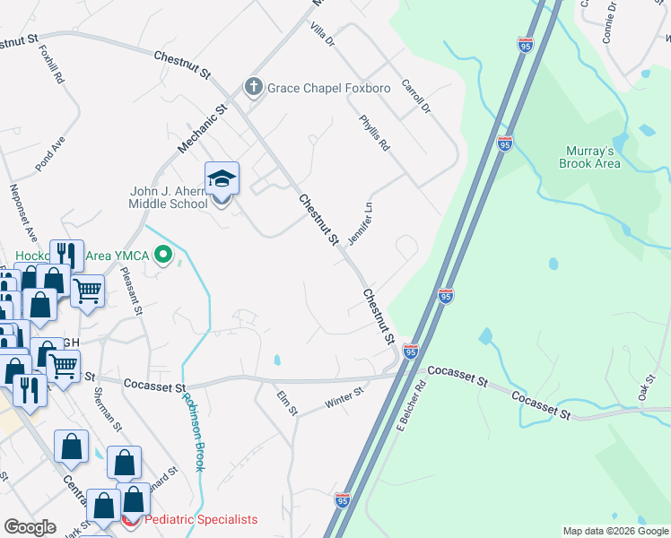 map of restaurants, bars, coffee shops, grocery stores, and more near 171 Chestnut Street in Foxborough