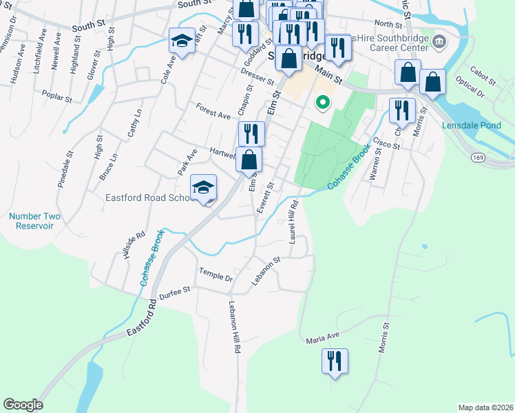 map of restaurants, bars, coffee shops, grocery stores, and more near 271 Everett Street in Southbridge