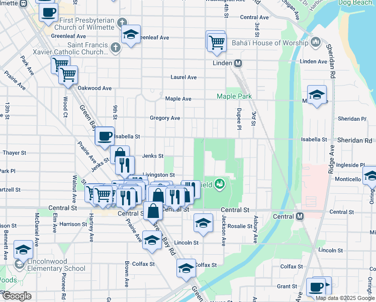 map of restaurants, bars, coffee shops, grocery stores, and more near 1620 Jenks Street in Evanston