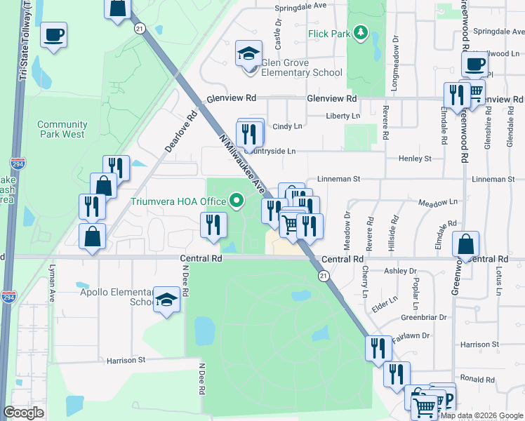map of restaurants, bars, coffee shops, grocery stores, and more near 3801 Appian Way in Glenview