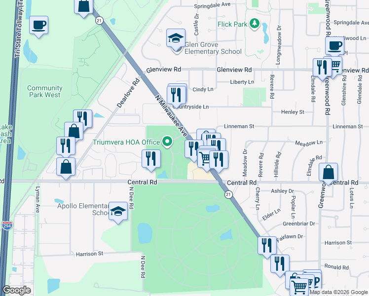 map of restaurants, bars, coffee shops, grocery stores, and more near 3700 Capri Court in Glenview