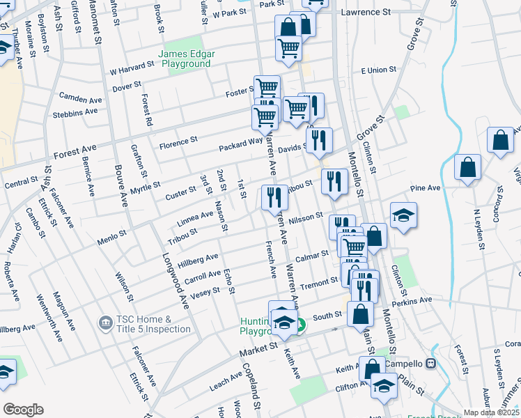 map of restaurants, bars, coffee shops, grocery stores, and more near 2 French Avenue in Brockton