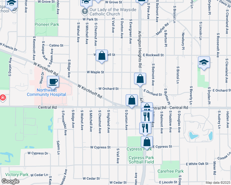 map of restaurants, bars, coffee shops, grocery stores, and more near 925 South Vail Avenue in Arlington Heights