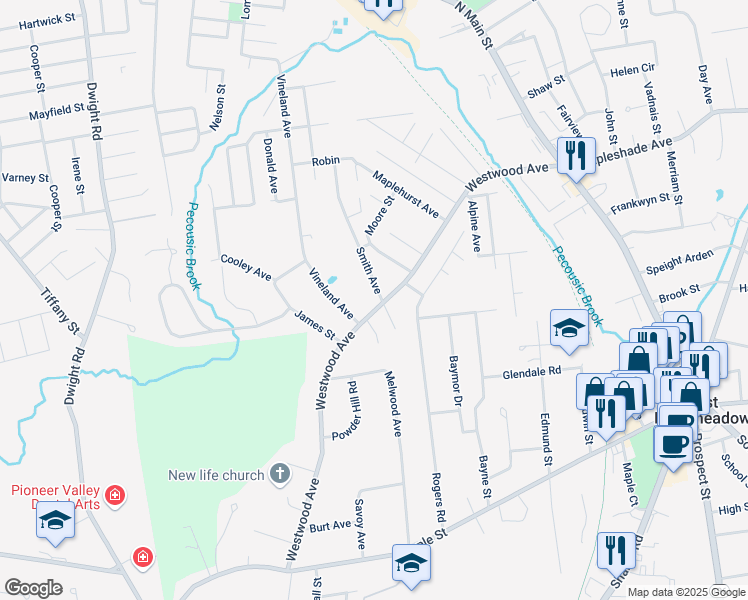 map of restaurants, bars, coffee shops, grocery stores, and more near 181 Westwood Avenue in East Longmeadow