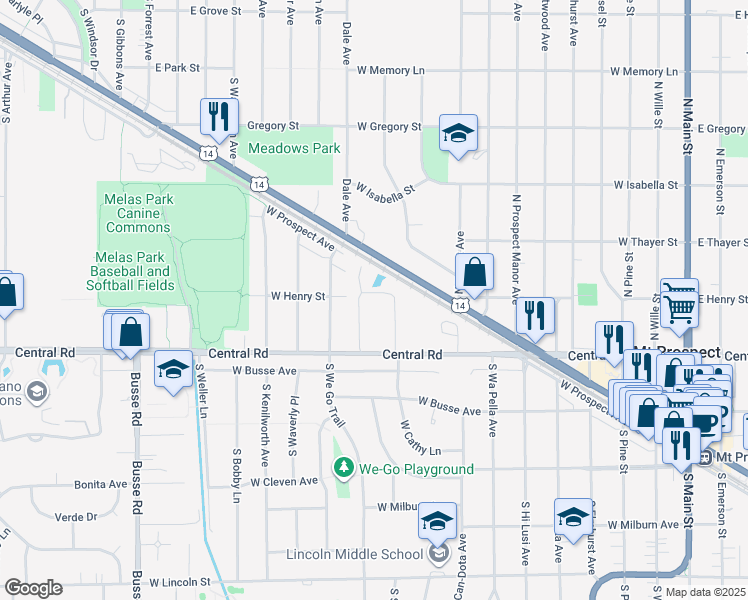 map of restaurants, bars, coffee shops, grocery stores, and more near 120 Cathy Lane in Mount Prospect
