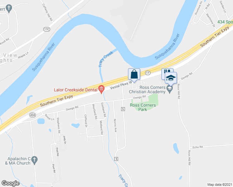 map of restaurants, bars, coffee shops, grocery stores, and more near 117 Arlington Avenue in Vestal