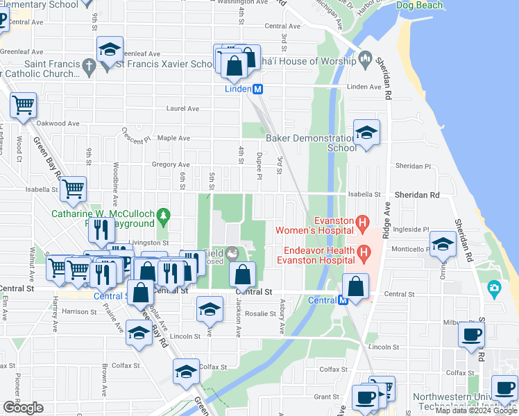 map of restaurants, bars, coffee shops, grocery stores, and more near 2740 Hampton Parkway in Evanston