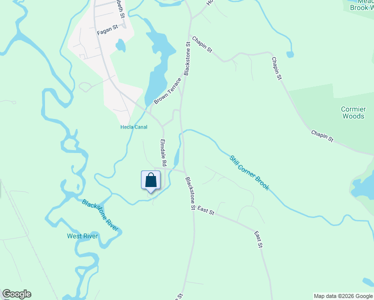 map of restaurants, bars, coffee shops, grocery stores, and more near 286 Blackstone Street in Uxbridge