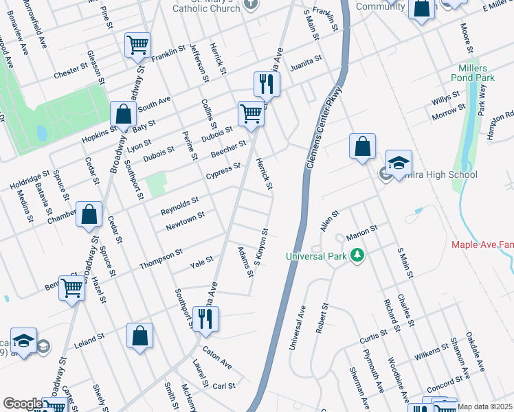map of restaurants, bars, coffee shops, grocery stores, and more near 460 Albert Street in Elmira
