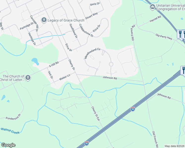 map of restaurants, bars, coffee shops, grocery stores, and more near 747-2709 Johnson Rd in Erie
