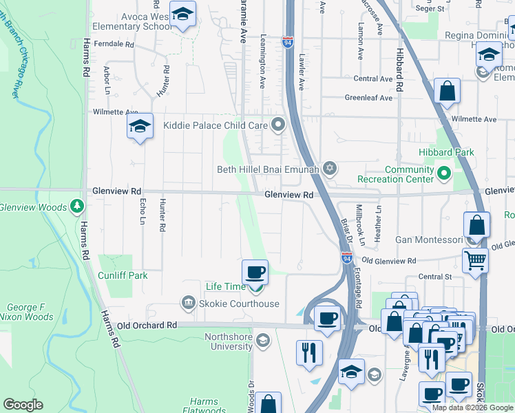 map of restaurants, bars, coffee shops, grocery stores, and more near 53 Hackberry Lane in Glenview
