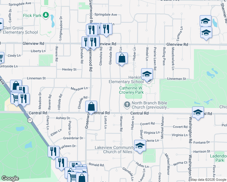 map of restaurants, bars, coffee shops, grocery stores, and more near 616 Glendale Road in Glenview