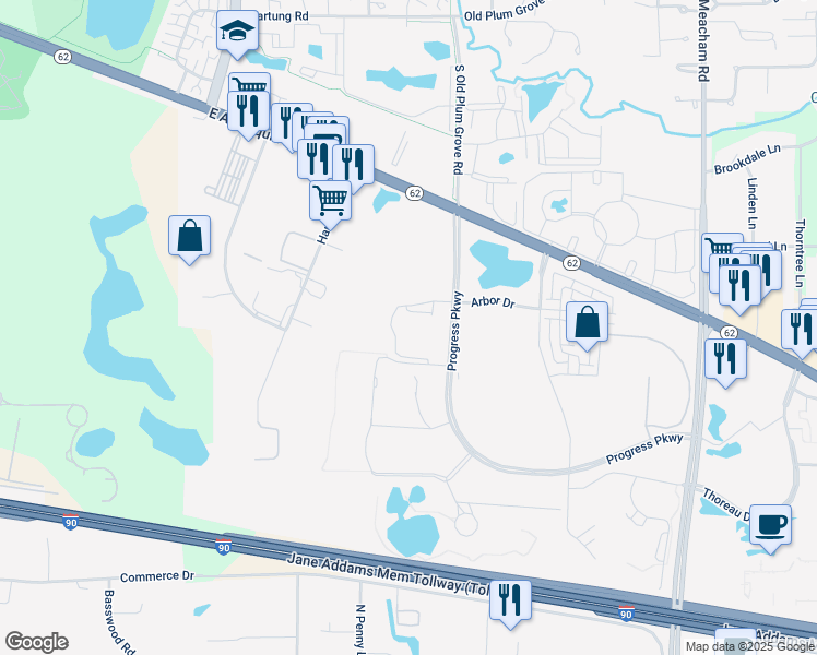 map of restaurants, bars, coffee shops, grocery stores, and more near Arbor Drive in Schaumburg