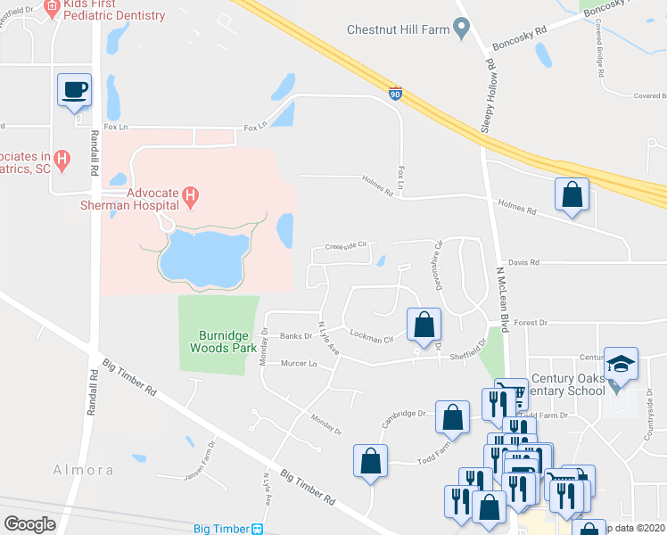 map of restaurants, bars, coffee shops, grocery stores, and more near 1397 North Lyle Avenue in Elgin