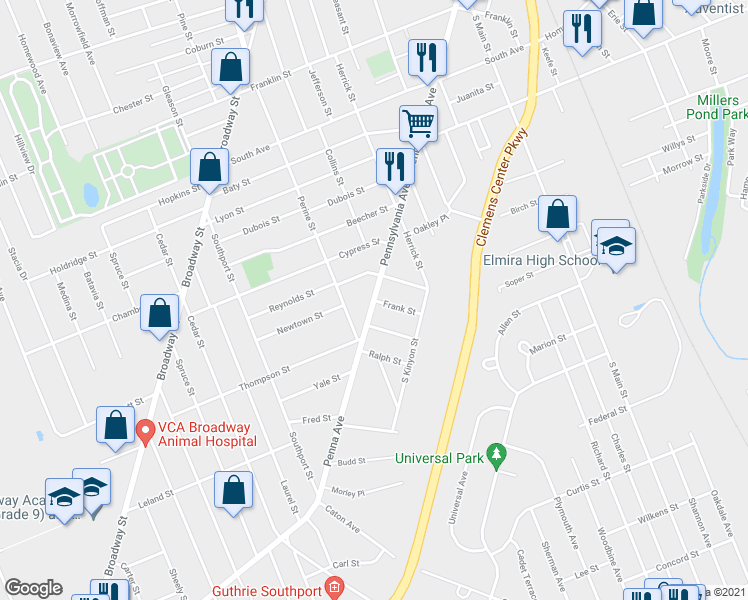 map of restaurants, bars, coffee shops, grocery stores, and more near Pennsylvania Ave & Frank St in Elmira