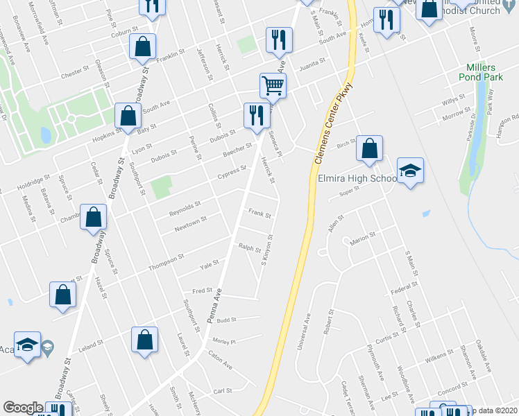 map of restaurants, bars, coffee shops, grocery stores, and more near 460 Frank Street in Elmira