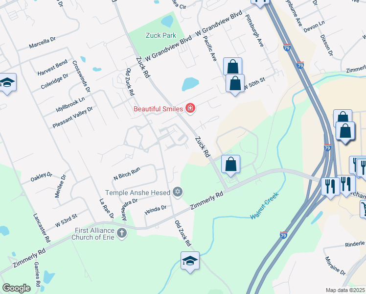 map of restaurants, bars, coffee shops, grocery stores, and more near 2609 Southwest Circle in Erie