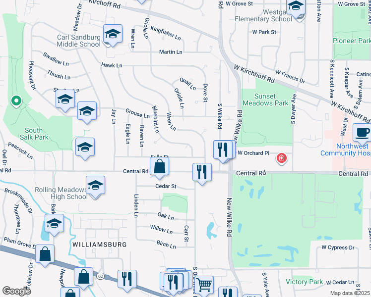 map of restaurants, bars, coffee shops, grocery stores, and more near 3921 Gull Court in Rolling Meadows